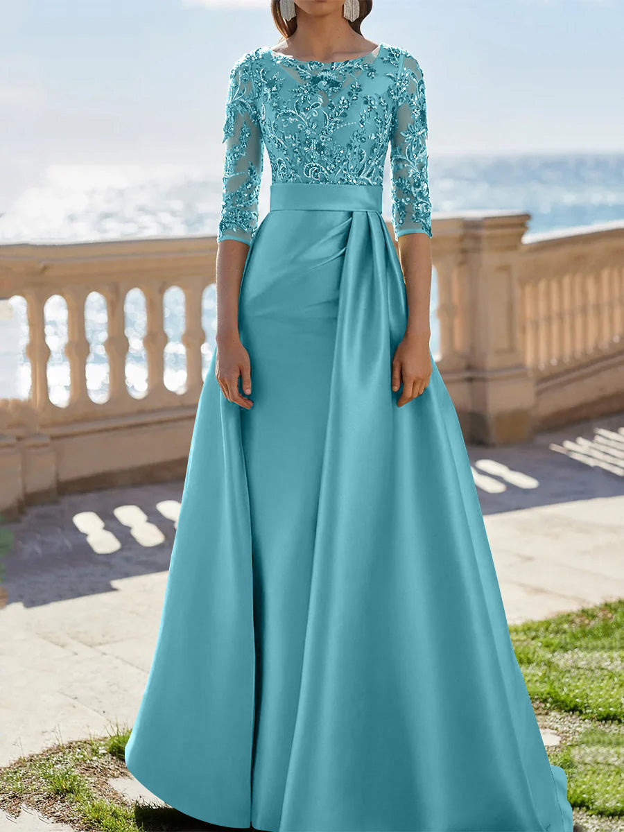 A Line Princess Scoop Satin Evening Dresses Half Sleeves Floor Length Lace Party Dresses