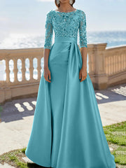 A-Line/Princess Scoop Satin Evening Dresses Half Sleeves Floor-Length Lace Party Dresses