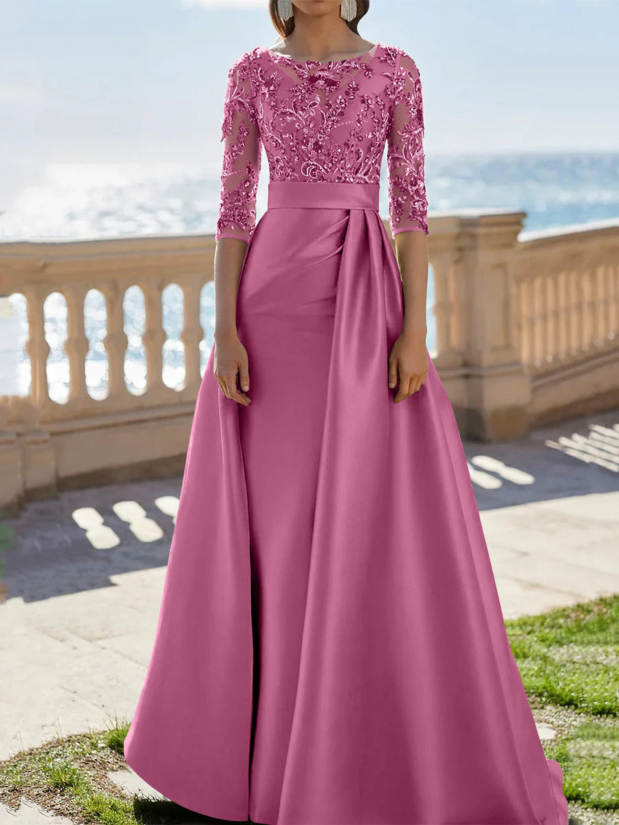 A Line Princess Scoop Satin Evening Dresses Half Sleeves Floor Length Lace Party Dresses