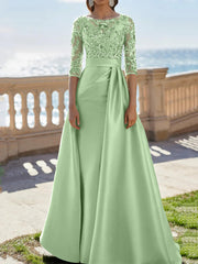 A-Line/Princess Scoop Satin Evening Dresses Half Sleeves Floor-Length Lace Party Dresses