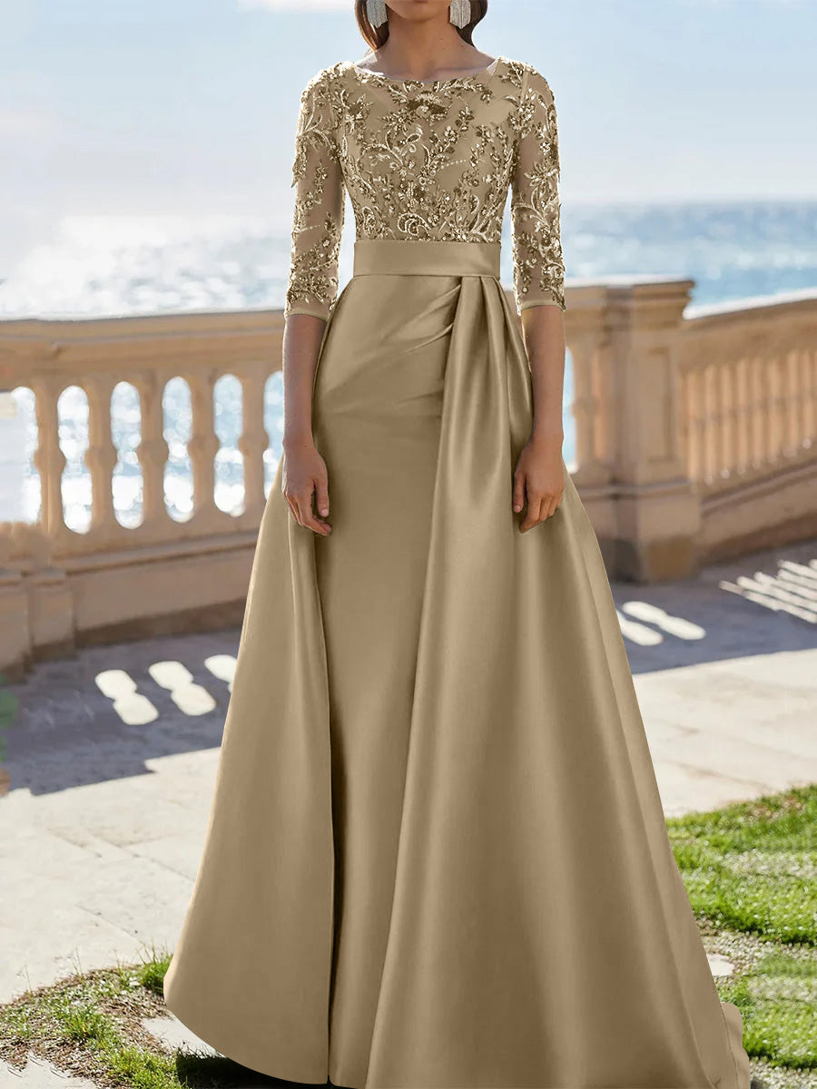 A Line Princess Scoop Satin Evening Dresses Half Sleeves Floor Length Lace Party Dresses