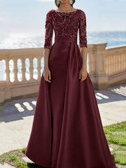 A-Line/Princess Scoop Satin Evening Dresses Half Sleeves Floor-Length Lace Party Dresses