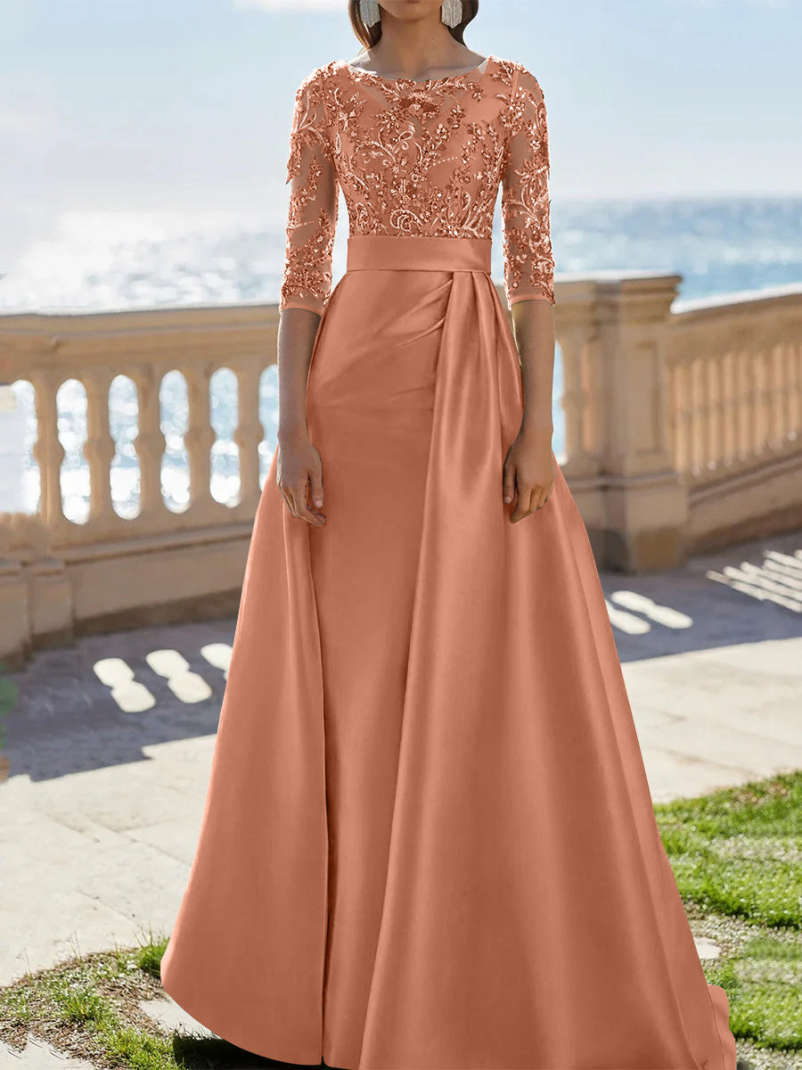 A Line Princess Scoop Satin Evening Dresses Half Sleeves Floor Length Lace Party Dresses