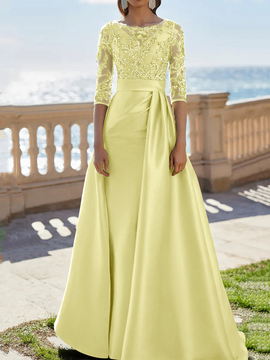 A Line Princess Scoop Satin Evening Dresses Half Sleeves Floor Length Lace Party Dresses