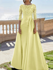 A Line Princess Scoop Satin Evening Dresses Half Sleeves Floor Length Lace Party Dresses