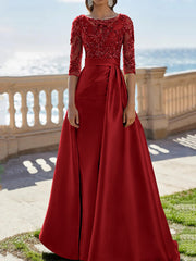 A Line Princess Scoop Satin Evening Dresses Half Sleeves Floor Length Lace Party Dresses