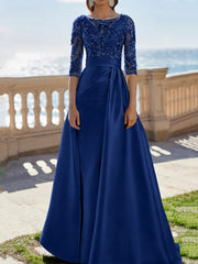 A Line Princess Scoop Satin Evening Dresses Half Sleeves Floor Length Lace Party Dresses