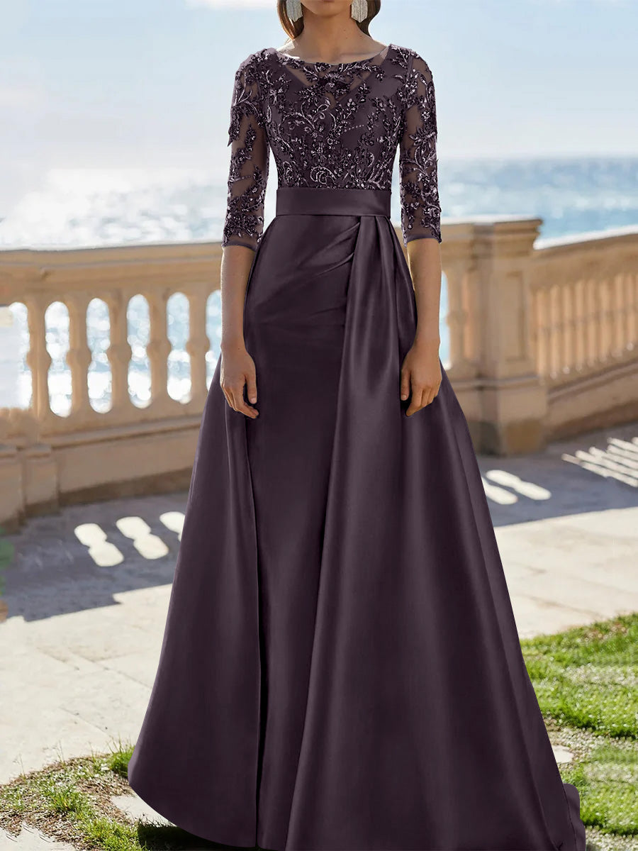 A Line Princess Scoop Satin Evening Dresses Half Sleeves Floor Length Lace Party Dresses