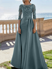 A Line Princess Scoop Satin Evening Dresses Half Sleeves Floor Length Lace Party Dresses