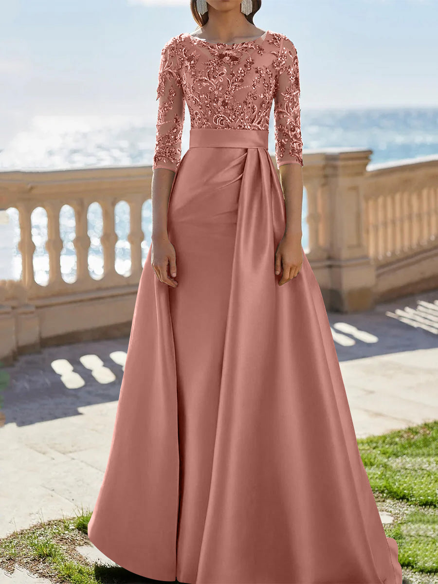 A Line Princess Scoop Satin Evening Dresses Half Sleeves Floor Length Lace Party Dresses