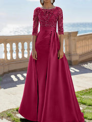 A-Line/Princess Scoop Satin Evening Dresses Half Sleeves Floor-Length Lace Party Dresses
