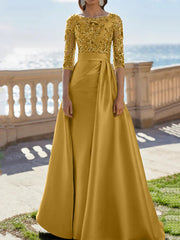 A Line Princess Scoop Satin Evening Dresses Half Sleeves Floor Length Lace Party Dresses