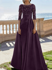 A Line Princess Scoop Satin Evening Dresses Half Sleeves Floor Length Lace Party Dresses