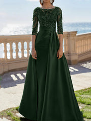 A-Line/Princess Scoop Satin Evening Dresses Half Sleeves Floor-Length Lace Party Dresses