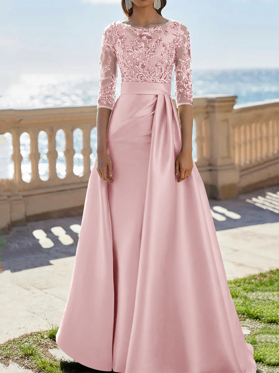 A Line Princess Scoop Satin Evening Dresses Half Sleeves Floor Length Lace Party Dresses