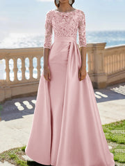 A Line Princess Scoop Satin Evening Dresses Half Sleeves Floor Length Lace Party Dresses