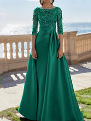 A Line Princess Scoop Satin Evening Dresses Half Sleeves Floor Length Lace Party Dresses