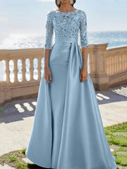 A Line Princess Scoop Satin Evening Dresses Half Sleeves Floor Length Lace Party Dresses