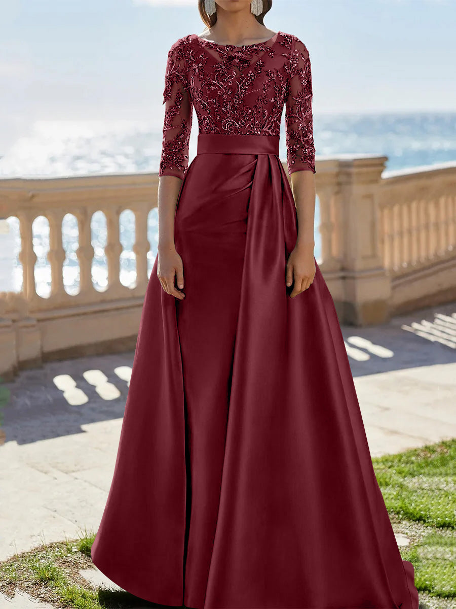 A Line Princess Scoop Satin Evening Dresses Half Sleeves Floor Length Lace Party Dresses