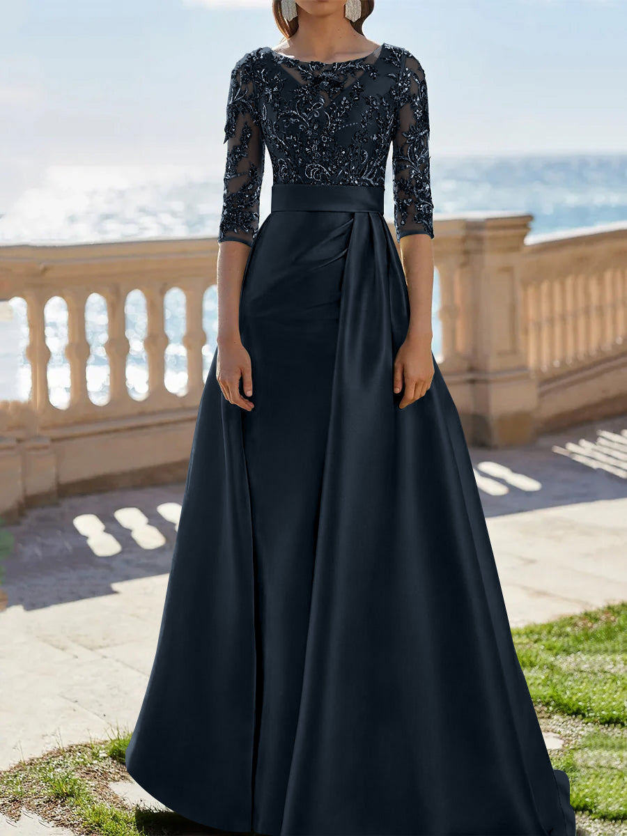 A Line Princess Scoop Satin Evening Dresses Half Sleeves Floor Length Lace Party Dresses