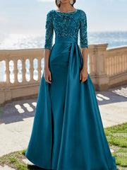 A Line Princess Scoop Satin Evening Dresses Half Sleeves Floor Length Lace Party Dresses