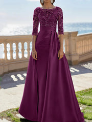 A-Line/Princess Scoop Satin Evening Dresses Half Sleeves Floor-Length Lace Party Dresses
