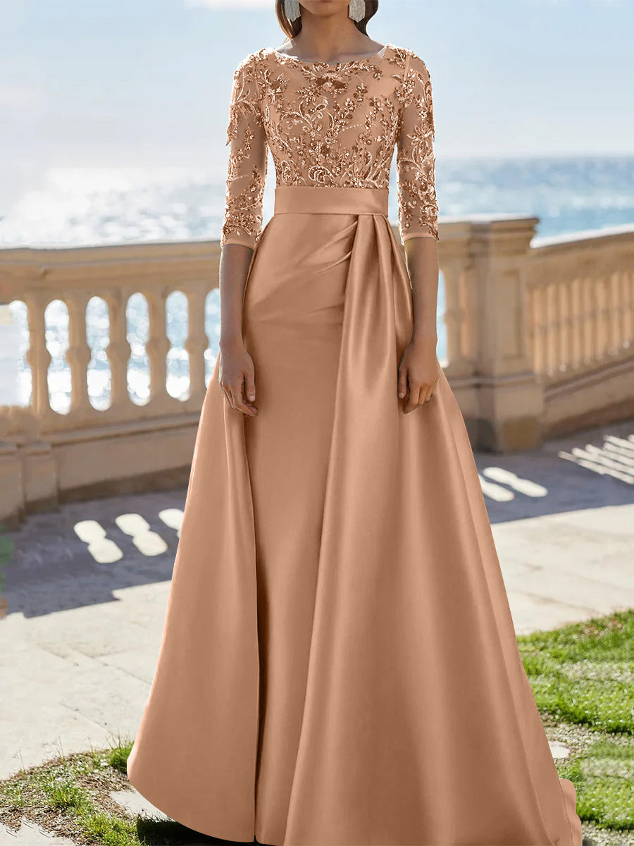 A Line Princess Scoop Satin Evening Dresses Half Sleeves Floor Length Lace Party Dresses