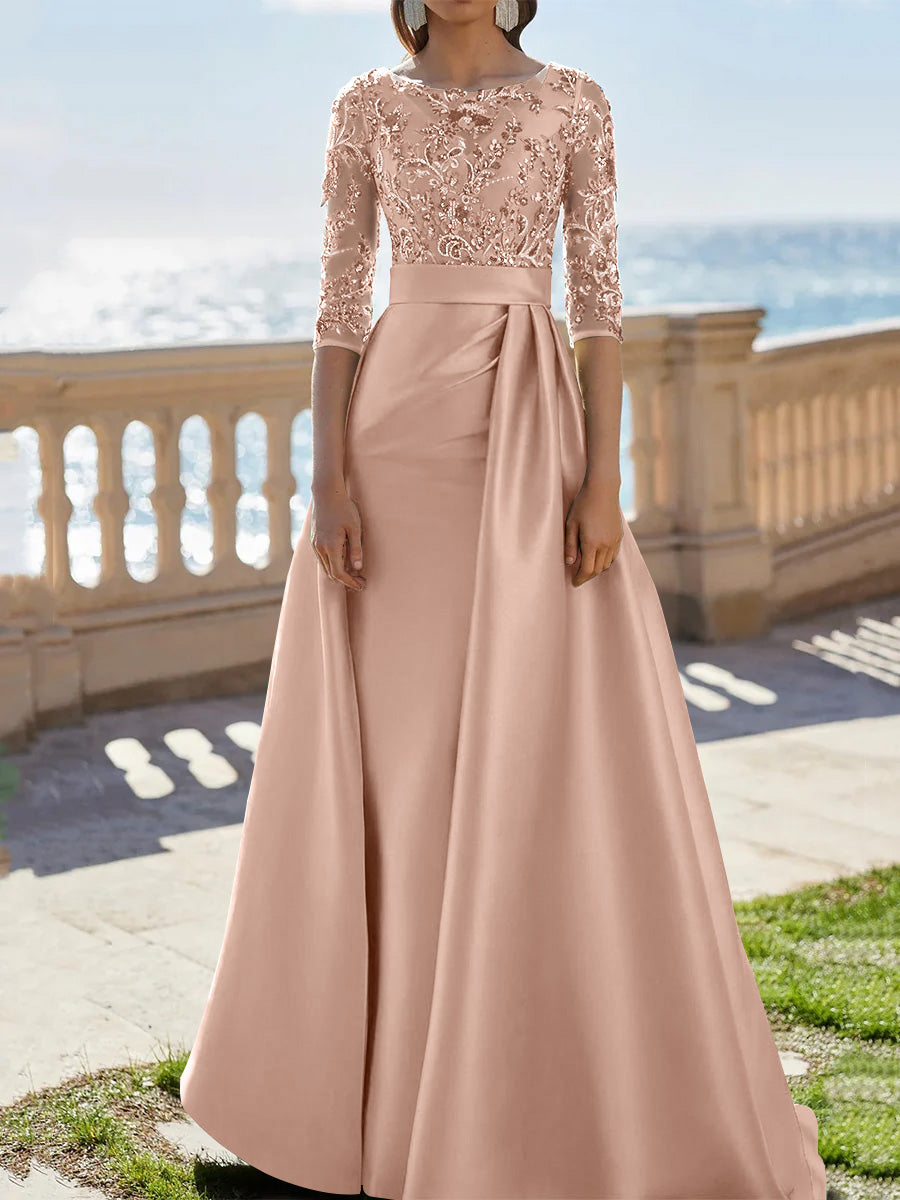 A Line Princess Scoop Satin Evening Dresses Half Sleeves Floor Length Lace Party Dresses