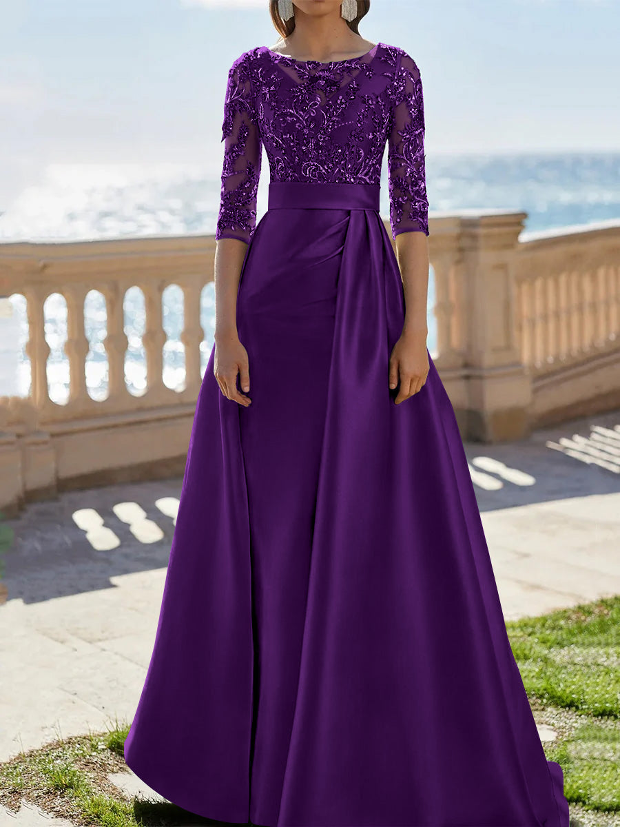 A Line Princess Scoop Satin Evening Dresses Half Sleeves Floor Length Lace Party Dresses