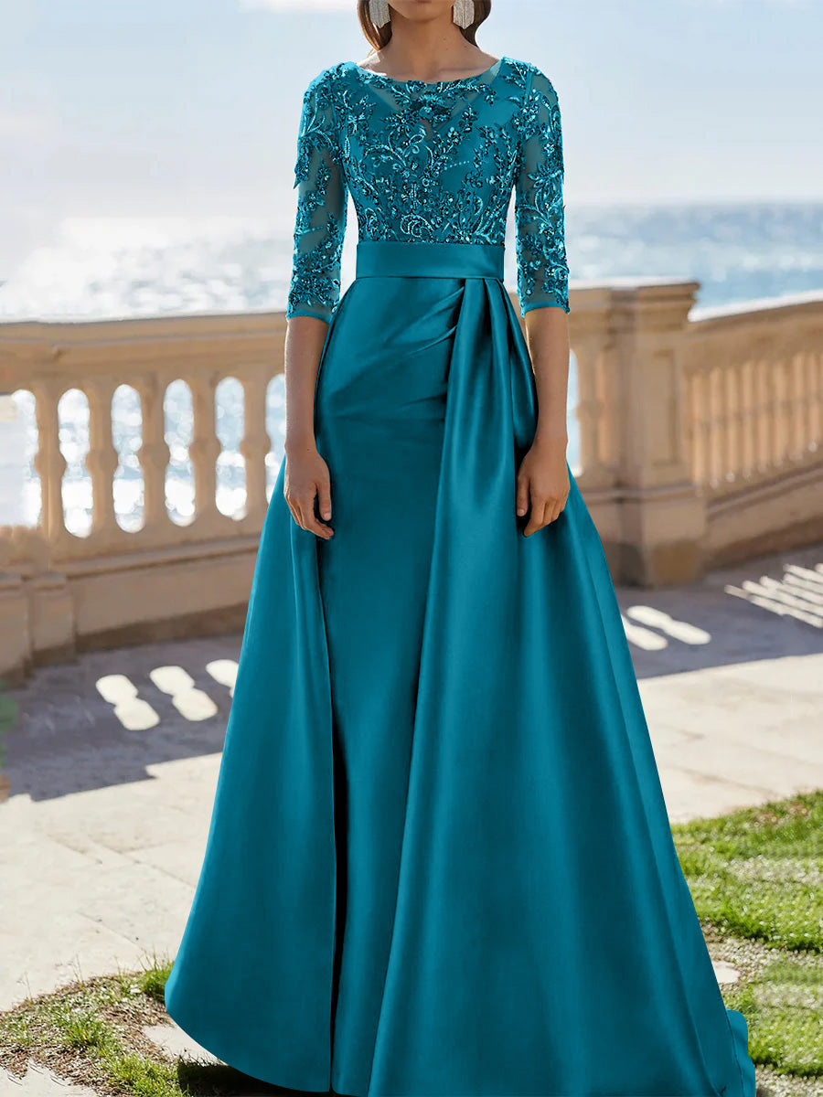 A Line Princess Scoop Satin Evening Dresses Half Sleeves Floor Length Lace Party Dresses