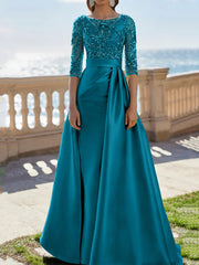 A-Line/Princess Scoop Satin Evening Dresses Half Sleeves Floor-Length Lace Party Dresses