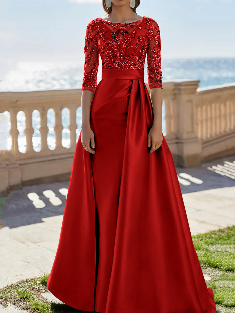 A Line Princess Scoop Satin Evening Dresses Half Sleeves Floor Length Lace Party Dresses