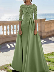 A-Line/Princess Scoop Satin Evening Dresses Half Sleeves Floor-Length Lace Party Dresses
