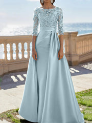 A-Line/Princess Scoop Satin Evening Dresses Half Sleeves Floor-Length Lace Party Dresses