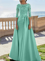 A Line Princess Scoop Satin Evening Dresses Half Sleeves Floor Length Lace Party Dresses