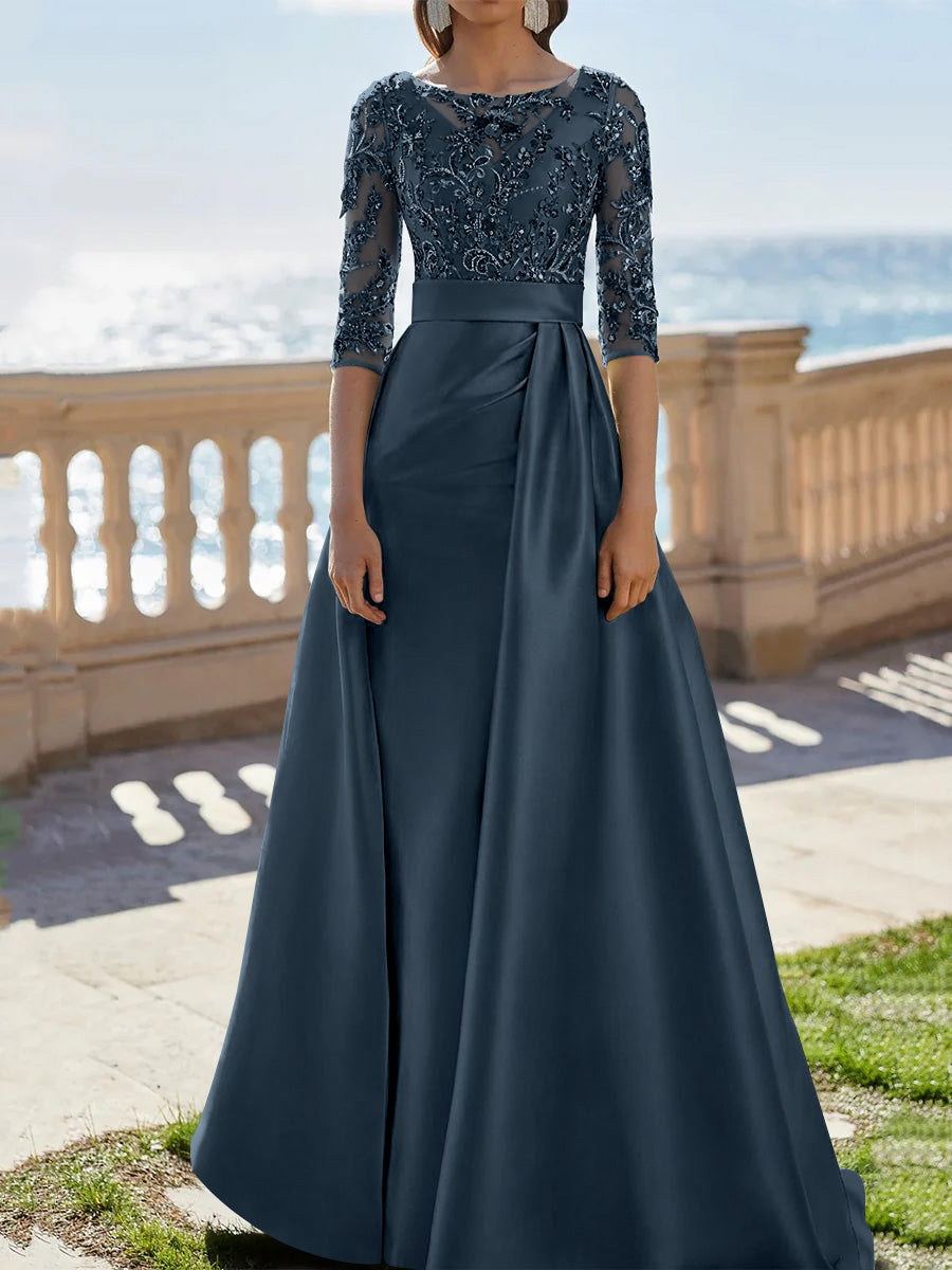 A Line Princess Scoop Satin Evening Dresses Half Sleeves Floor Length Lace Party Dresses