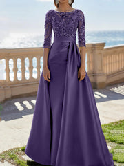 A-Line/Princess Scoop Satin Evening Dresses Half Sleeves Floor-Length Lace Party Dresses