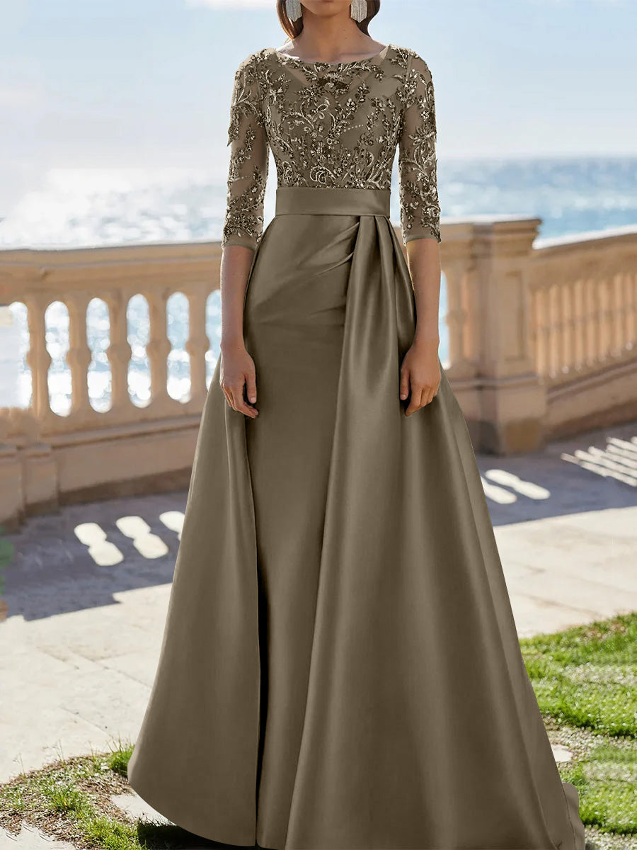 A Line Princess Scoop Satin Evening Dresses Half Sleeves Floor Length Lace Party Dresses