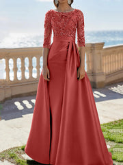 A Line Princess Scoop Satin Evening Dresses Half Sleeves Floor Length Lace Party Dresses