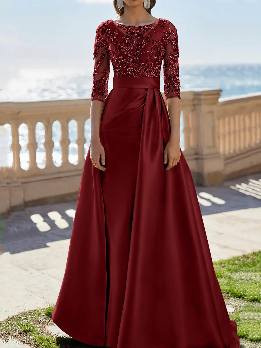 A Line Princess Scoop Satin Evening Dresses Half Sleeves Floor Length Lace Party Dresses