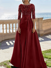 A-Line/Princess Scoop Satin Evening Dresses Half Sleeves Floor-Length Lace Party Dresses