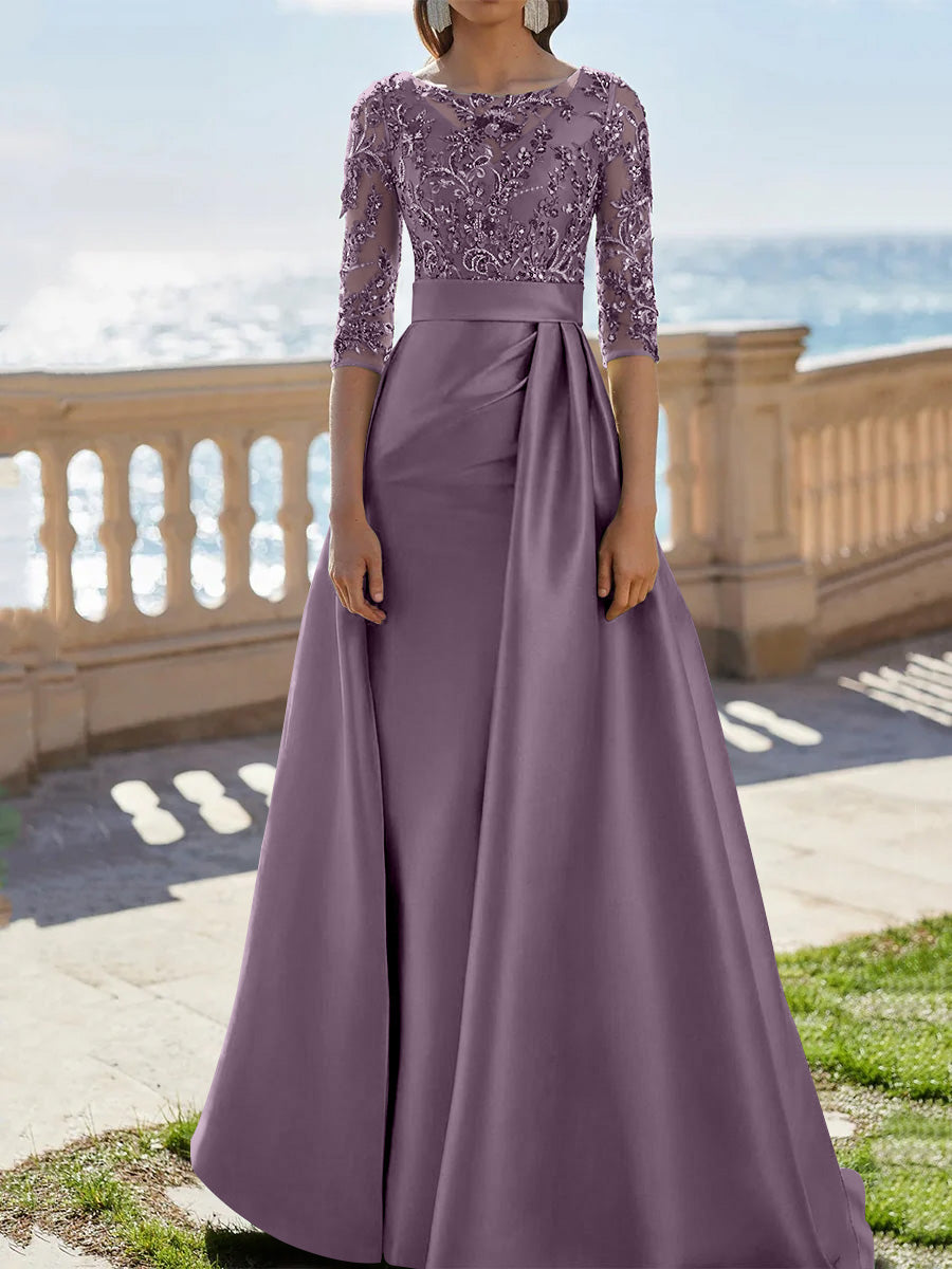 A Line Princess Scoop Satin Evening Dresses Half Sleeves Floor Length Lace Party Dresses