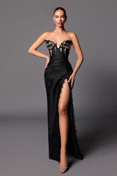 Chic Black Strapless Sleeveless Mermaid Beadings Long Formal Dress With Split