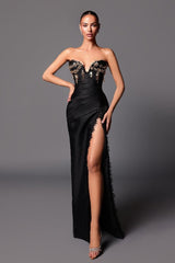 Chic Black Strapless Sleeveless Mermaid Beadings Long Formal Dress With Split