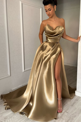 Strapless Sleeveless Long Formal Dress With High Split Pleated