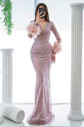 Formal Dress Pink Long Sleeves Beading V Neck Feather Mermaid