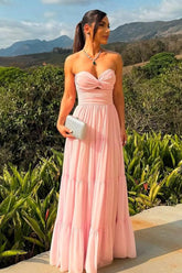 Chic Strapless Sleeveless Long Formal Dress With Pleated Ruffles
