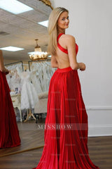 Halter Backless Long A Line Split Formal Dress With Ruffles Pleated