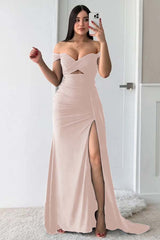 Off the Shoulder Sleeveless Long Split Formal Dress With Pleated