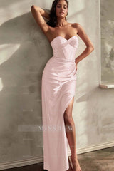 Strapless Sleeveless Long Mermaid Split Formal Dress With Pleated